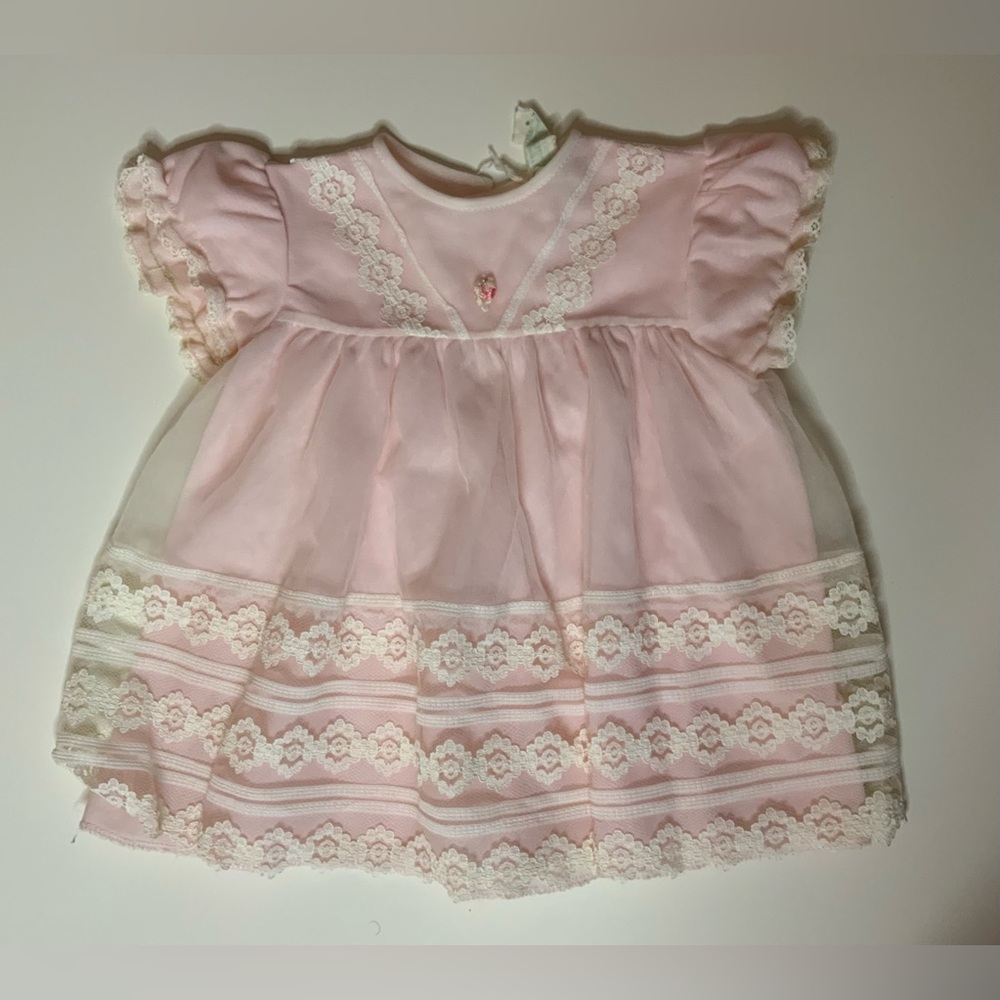 Vintage 50s  Pink Lace Trim Kids Baby Dress